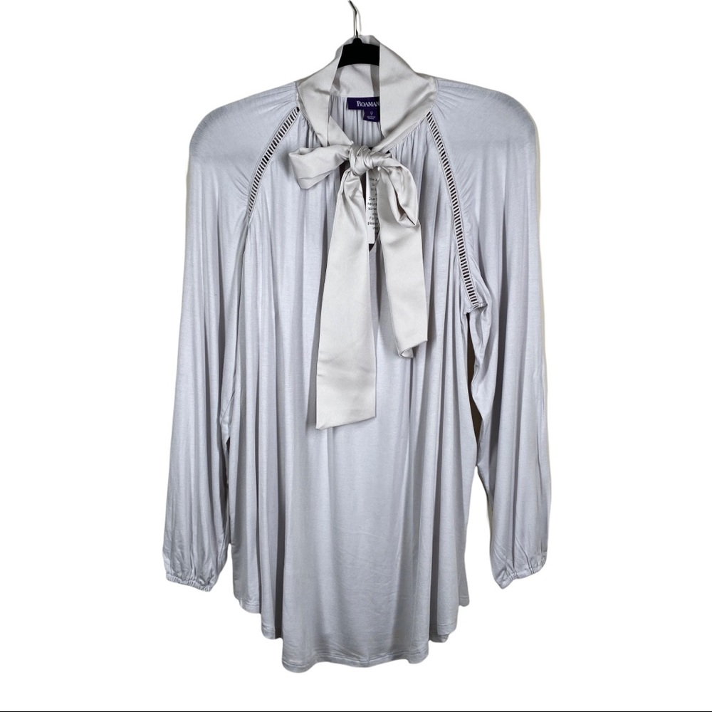 Roaman's Light Grey Tie Neck Blouson Sleeve Blouse (12)